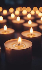 Close-up of candle flames in the dark, empty space surrounding the light, remembrance theme