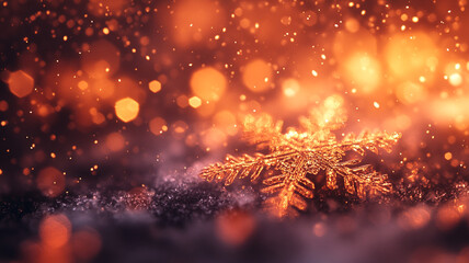 A close-up view of a shimmering snowflake on a winter night with vibrant bokeh lights