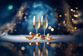 Two champagne flutes with golden bows sit on a snowy surface with a blue, bokeh background.