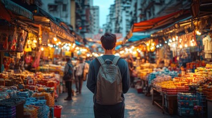 Fototapeta premium A person stands in a vibrant market filled with lights and colorful goods, creating an inviting atmosphere for exploration.