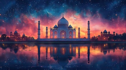 Taj Mahal at starry night in watercolor style, perfect for celebrating India's Independence Day or tourism-themed posters.