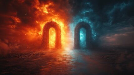 The gates to heaven and hell stand side by side, symbolizing the moral choice between good and evil in a religious and spiritual context.