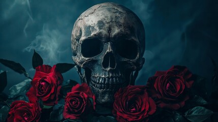 Dramatic gothic skull with dark roses, intense shadows, moody lighting