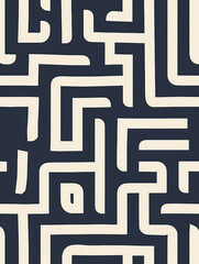 A sleek labyrinth design in cream against a deep gray background, with thick pathways creating bold, modern shapes. The high contrast enhances the maze&rsquo;s intricate paths.