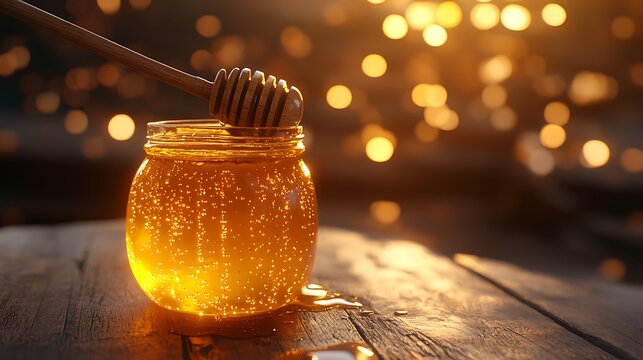 A golden honey trail dripping down the side of a jar, a wooden dipper perched on top, warm light creating a radiant glow, rustic wooden table as the backdrop, high-definition detail and texture,