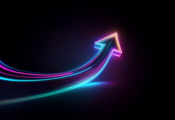 A vibrant neon arrow pointing upwards, symbolizing progress and growth.