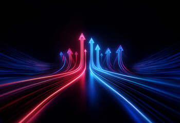Red and blue glowing arrows pointing upward on two contrasting paths against a dark background.