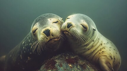 Two seals cuddling underwater, showing affection and companionship.