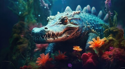 A surreal depiction of an ancient, mythical crocodile with glowing scales and bioluminescent eyes,...