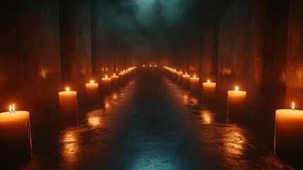 Rows of memorial candles in a dark setting, glowing softly, symbolizing remembrance, empty space around