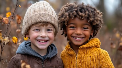 Two boys from different races laughing and bonding outdoors, symbolizing childhood friendship and fun.
