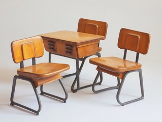 Retro Japanese classroom furniture from the 1950s, wooden desks and chairs capturing the nostalgic charm of mid-century education