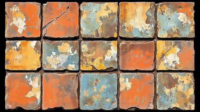 Weathered and cracked terracotta tiles in a grid pattern.