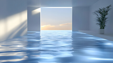 3D Illustration of a Room with Water on the Floor and a View of the Ocean