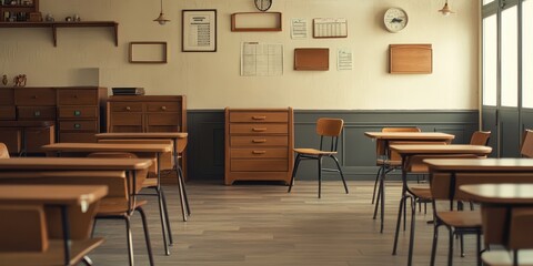 Retro classroom furniture with wooden desks and classic chairs, arranged to capture the educational setting of a bygone era
