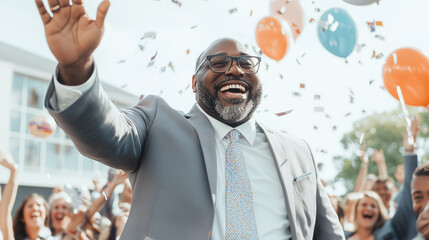 A Moment of Triumph:  A jubilant businessman celebrates a milestone achievement, surrounded by cheering supporters, confetti, and balloons.  He embodies the spirit of success.