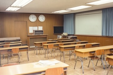 Vintage Korean classroom from the 1960s, featuring wooden desks and chairs with a nostalgic, old-school feel, capturing educational history