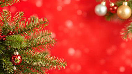 Obraz premium Christmas shiny red background with Christmas tree decorations and toys