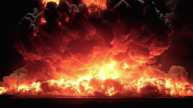 A colossal explosion erupts in a remote desert area, creating a breathtaking display of fire and smoke that illuminates the night sky. This explosive event showcases significant military capabilities.