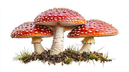 three enchanting fly agaric mushrooms in a woodland setting