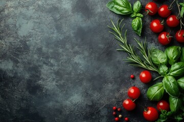 Fresh Herbs and Cherry Tomatoes on Textured Stone Background