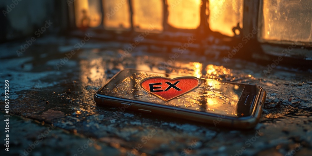 Poster close-up smartphone with heart ex message on screen in warm sunset light