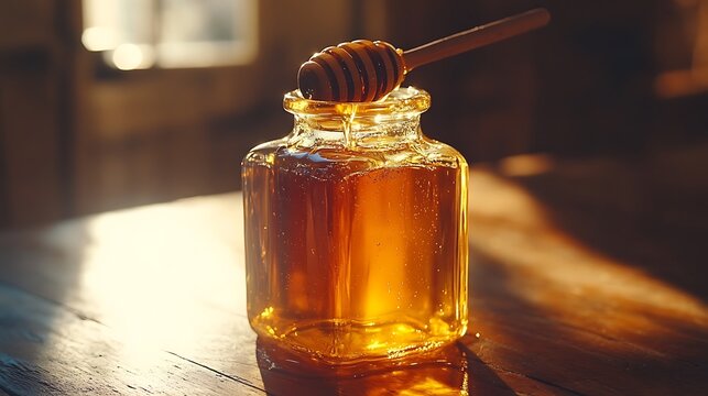 Close-up of a honey jar with a dipper placed on top, honey slowly dripping down the jar's side, sunlight casting warm reflections, detailed texture of the honey and glass, rustic wooden backdrop,