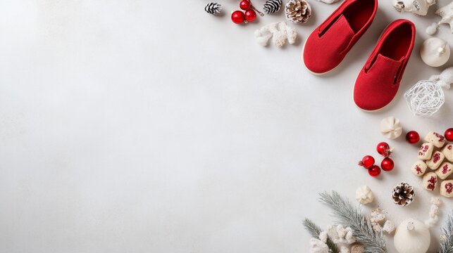 Artistic Holiday Composition with Wooden Shoes and Sinterklaas Treats for St Nicholas Day or Christmas