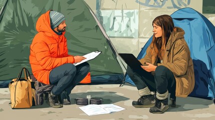 A scene of a social worker interviewing a homeless person at a shelter, discussing options for housing and support services