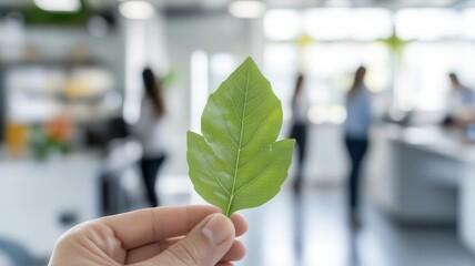 Hand holding green finance data, detailed view, office team softly blurred, sustainable investment focus