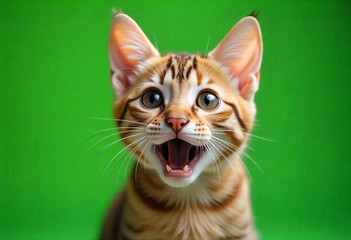 Playful Bengal Kitten on Green Background