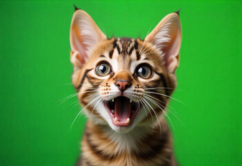 Playful Bengal Kitten on Green Background