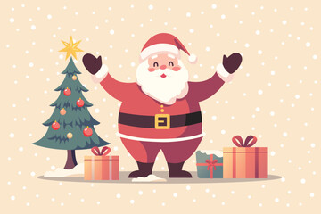 Happy Santa claus standing with gift boxes and christmas tree