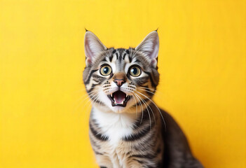 Cheerful Kitten on Yellow Background