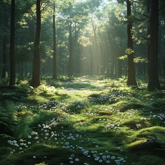 Morning Fog in the Forest with Rays of Light