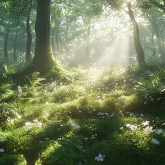 Morning Fog in the Forest with Rays of Light