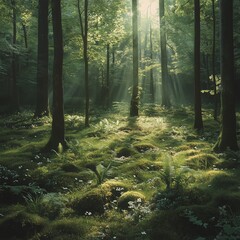 Morning Fog in the Forest with Rays of Light
