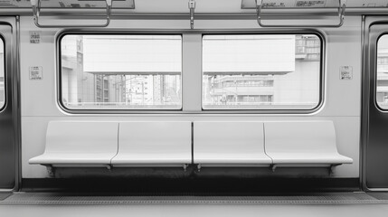 Empty Subway Seats: A minimalist photograph capturing the quiet solitude of an empty subway car, with clean lines, soft light, and a sense of anticipation.