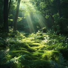 Morning Fog in the Forest with Rays of Light