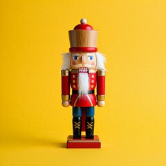 Red wooden nutcracker on yellow background