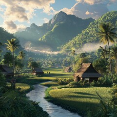 A peaceful lake surrounded by mountains with a charming village and lush autumn trees