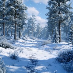 Snowy Winter Forest with Frosted Trees and Blue Sky