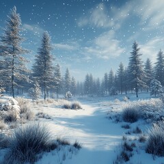 Snowy Winter Forest with Frosted Trees and Blue Sky