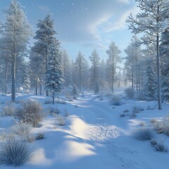 Snowy Winter Forest with Frosted Trees and Blue Sky