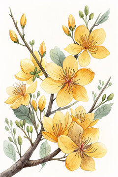 Watercolor Yellow Apricot Blossom - Traditional Vietnamese Tet Ochna Flower with Green Buds on White Background