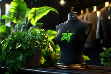 A digital 3D rendering of a boutique with eco-friendly fashion displays and informational tags about sustainability practices