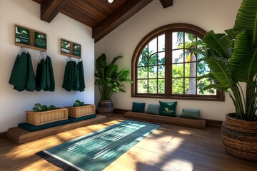 A digital 3D rendering of a boutique with eco-friendly fashion displays and informational tags about sustainability practices