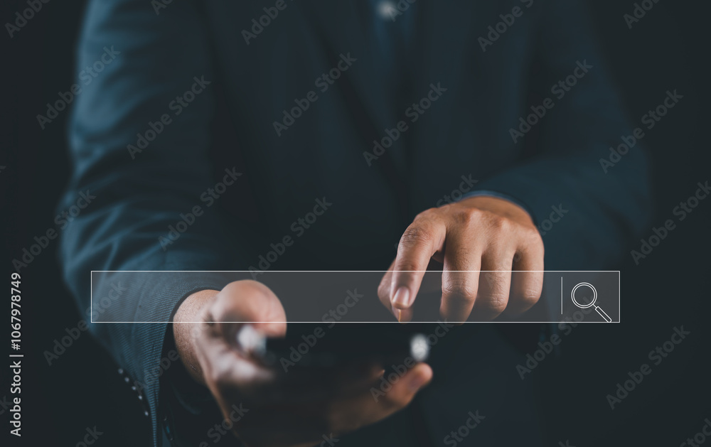 Leinwandbilder Data Search Technology, Search Engine Optimization. Man's hands are using a smartphone to searching for information. Using Search Console with your website. Experience of data search technology