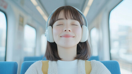 Tranquility in Motion: A young woman, eyes closed, finds serenity amidst the gentle hum of a train journey, her headphones providing a haven of peace and quiet.  