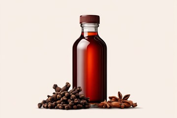 A minimalist 2D illustration of a sprig of cloves beside a bottle of clove water, drawn on a plain white background